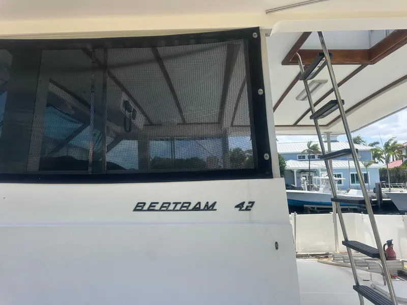 Slide: The Image of 1974 Bertram 42 Motor Yacht side view with ladder and window screen. - 31