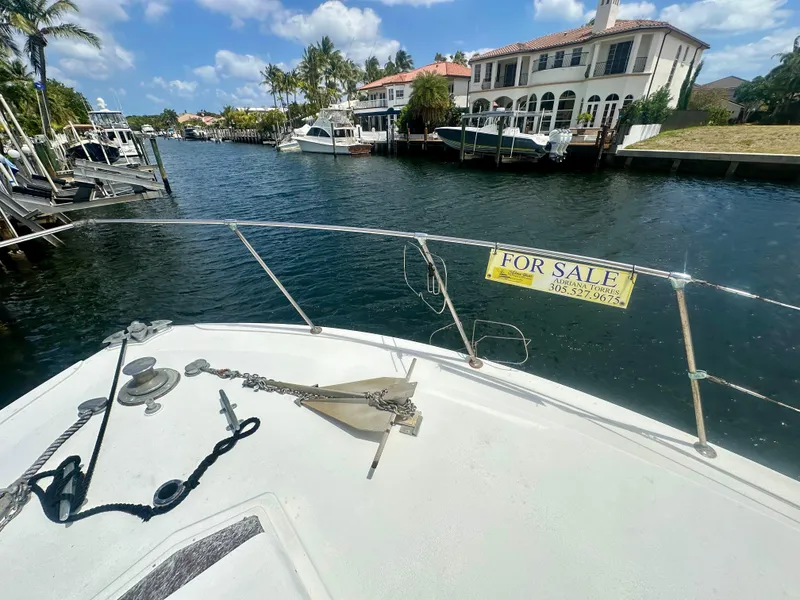 Slide: The Image of 1974 Bertram 42 Motor Yacht for sale, docked in scenic waterfront location. - 6