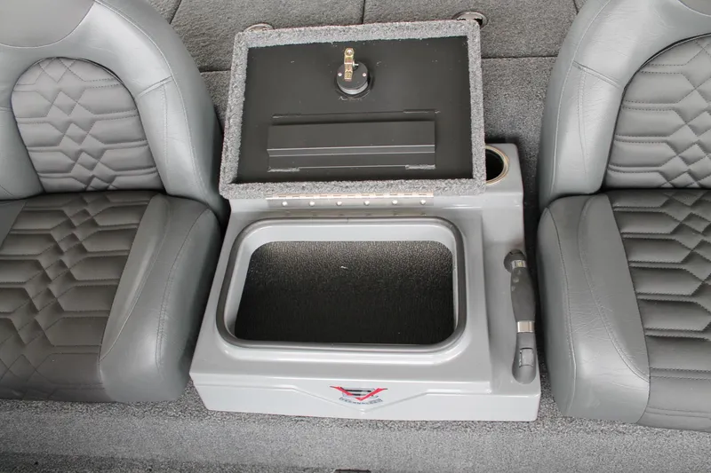 Slide: The Image of Interior of 2025 Vexus AVX2080 boat with gray seating and storage compartment. - 10
