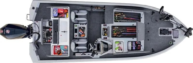 Slide: The Image of 2025 Vexus AVX2080 fishing boat interior with organized storage compartments and seating. - 14