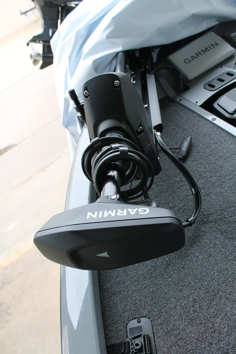 Slide: The Image of 2025 Vexus AVX2080 boat with Garmin trolling motor, close-up view. - 6