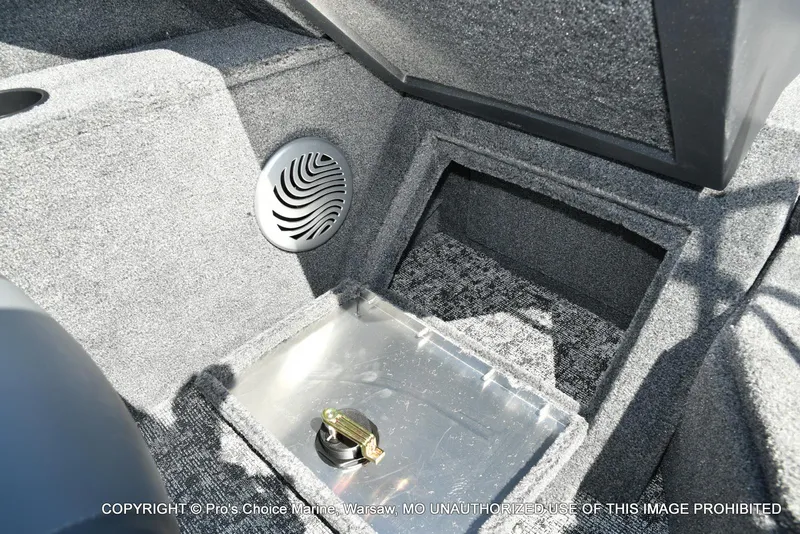 Slide: The Image of Interior of 2025 Tracker Pro Guide V-175 Combo boat with speaker and storage compartment. - 47