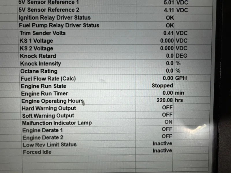 Slide: The Image of Display screen showing engine diagnostics for 2010 Chaparral 264 Sunesta, including voltage and operating hours. - 20