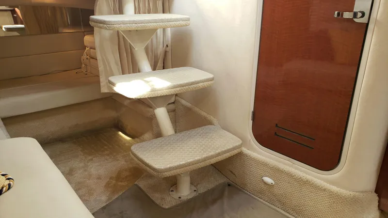 Slide: The Image of Interior of 2002 Sea Ray 300 Sundancer with carpeted steps and wooden door. - 27