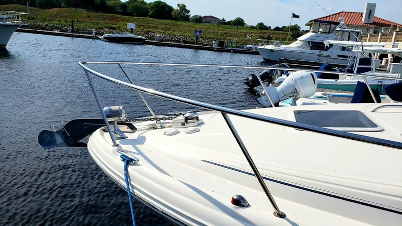 Slide: The Image of 2002 Sea Ray 300 Sundancer docked at marina, showcasing sleek design and watercraft features. - 7