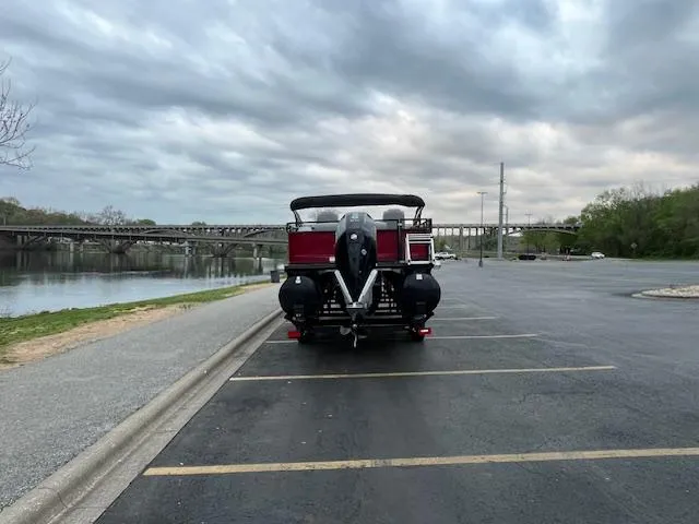Slide: The Image of 2024 Regency 250 DL3 pontoon boat parked near a river under cloudy skies. - 12