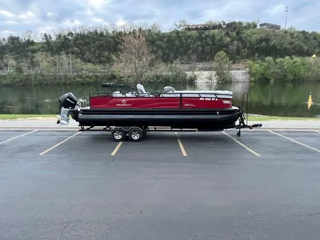 Slide: The Image of 2024 Regency 250 DL3 pontoon boat on trailer by a scenic lake. - 7