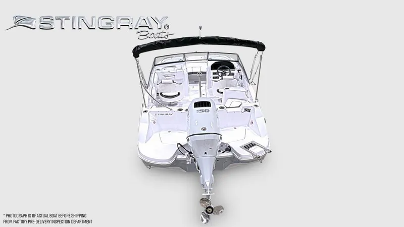 Slide: The Image of 2025 Stingray 201 DC boat, rear view with outboard motor and seating area. - 2