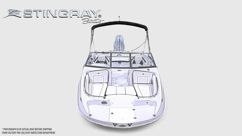 Slide: The Image of 2025 Stingray 201 DC boat, front view, sleek design, white exterior, black canopy. - 6