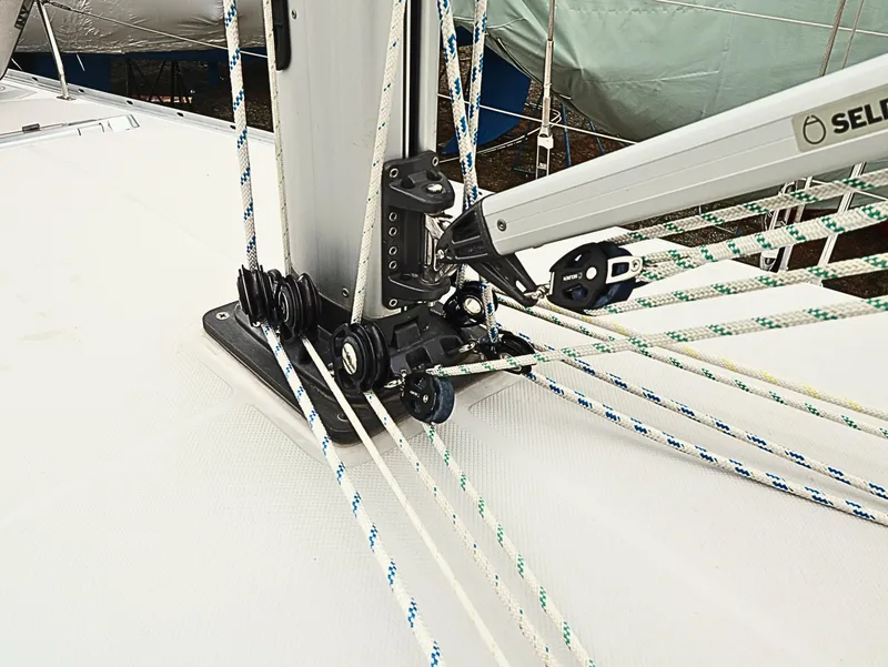 Slide: The Image of Close-up of Catalina C355 sailboat rigging and mast, 2021 model. - 10