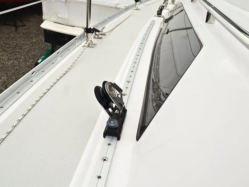 Slide: The Image of Catalina C355 sailboat deck, 2021 model, featuring sleek design and modern fittings. - 12