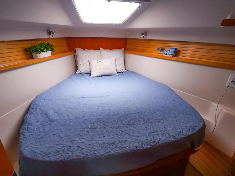 Slide: The Image of Cozy cabin interior of 2021 Catalina C355 sailboat with blue bedding and wooden accents. - 35