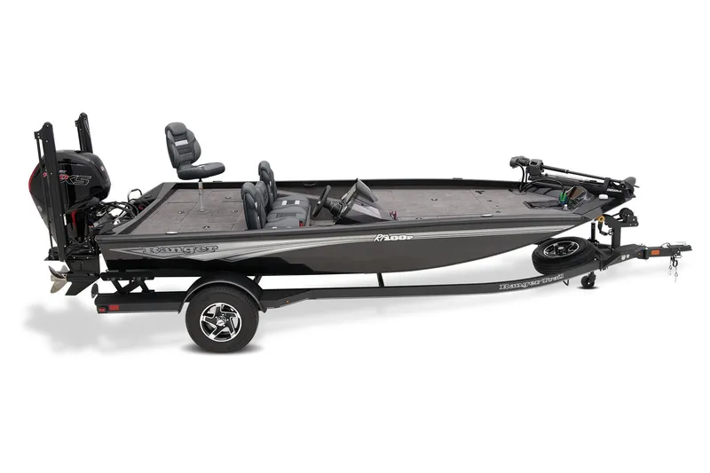 Slide: The Image of 2025 Ranger RT188P boat with outboard motor on a trailer in a parking lot. - 6