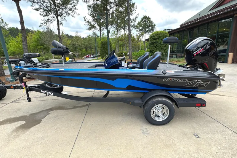 Slide: The Image of 2025 Nitro Z18 Pro fishing boat with blue accents on a trailer, parked outdoors. - 0
