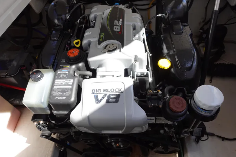 Slide: The Image of Engine of a 2018 Monterey 295 Sport Yacht, featuring a Big Block V8. - 28