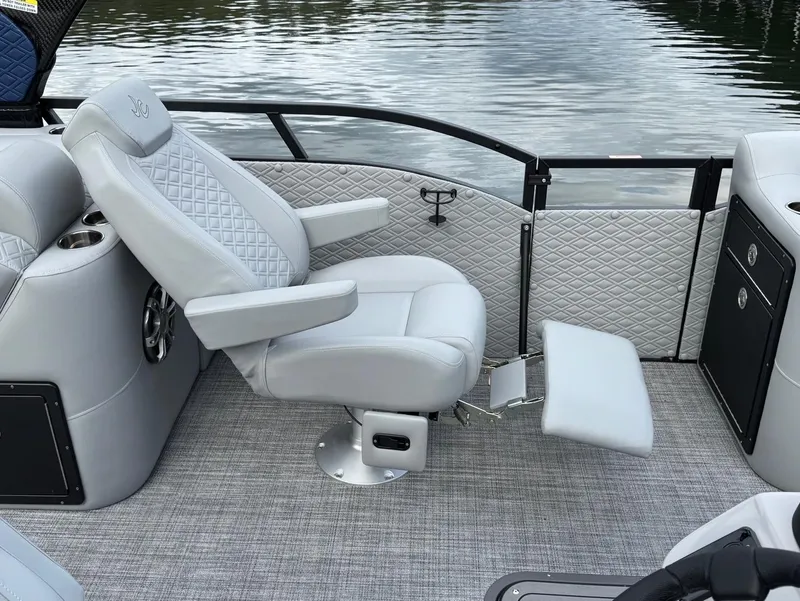 Slide: The Image of Luxurious seating on 2025 JC SportToon 24 TT DSL pontoon boat, featuring quilted upholstery. - 7