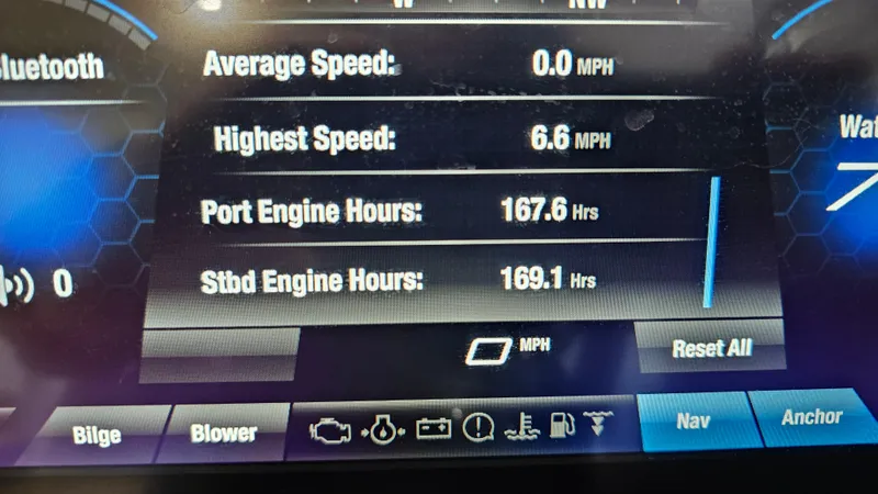 Slide: The Image of Dashboard of 2021 Yamaha Boats 212SD showing engine hours and speed metrics. - 24