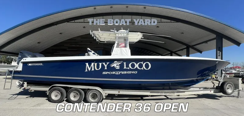 The Image of 2005 Contender 36 boat on trailer at The Boat Yard, labeled "MUY LOCO Sportfishing." - 0