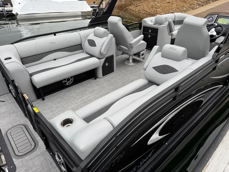 Slide: The Image of 2025 JC Neptoon Sport 23TT DSL pontoon boat with luxurious gray seating and modern design. - 22