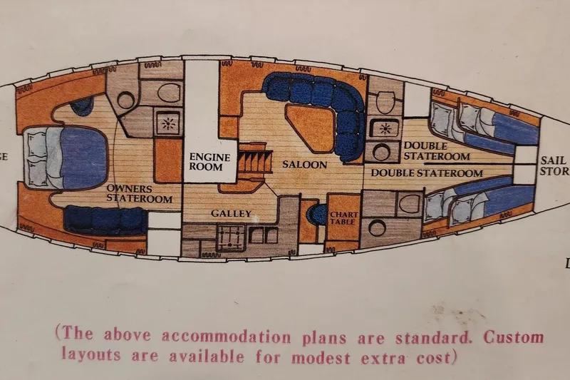 Slide: The Image of Yacht layout of 1989 Tayana 55, featuring saloon, galley, and multiple staterooms. - 33