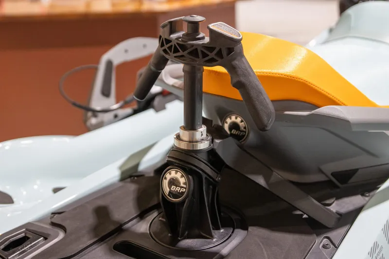 Slide: The Image of 2023 Sea-Doo Wake Pro 230 Tech Package handlebar and seat detail. - 6