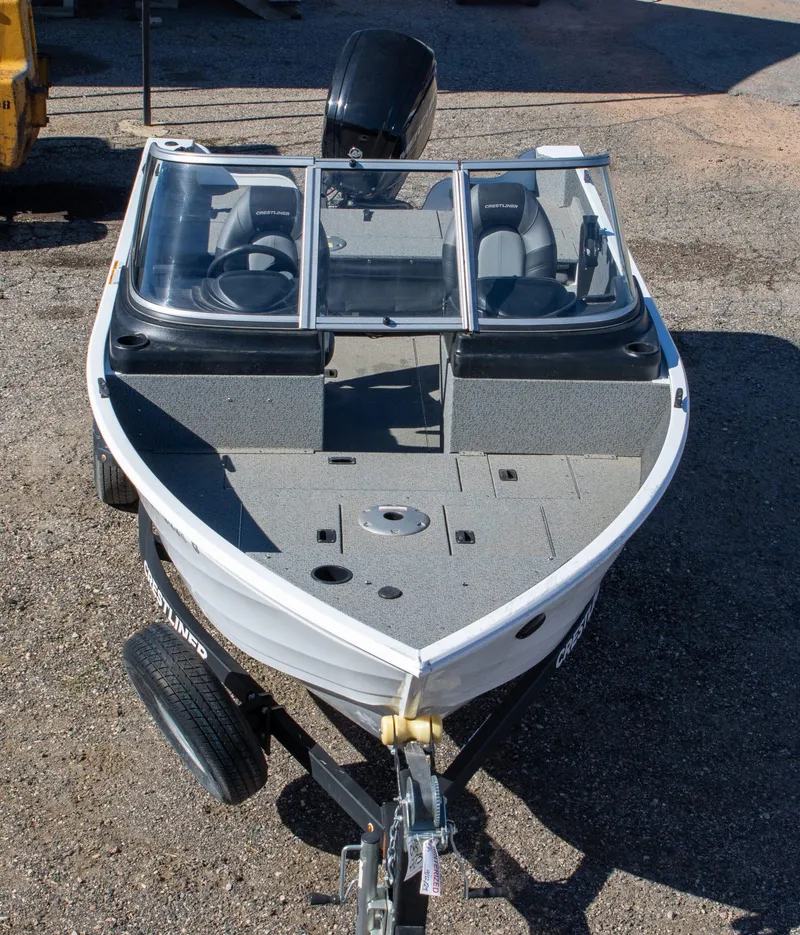 Slide: The Image of 2023 Crestliner 1600 Vision boat on trailer, viewed from above. - 9
