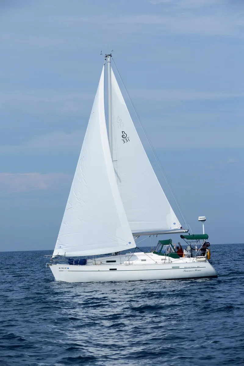 Slide: The Image of 2002 Beneteau 331 sailboat cruising on open water under clear skies. - 8