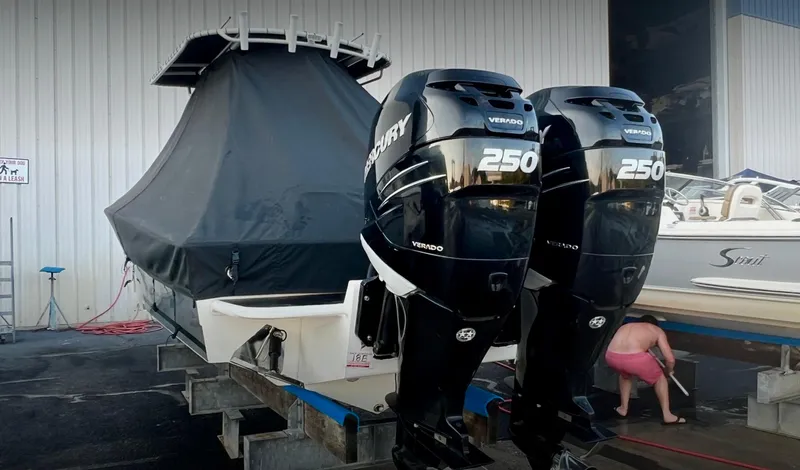 Slide: The Image of 2017 Concept 30CC boat with twin Mercury 250 engines, covered and docked. - 1