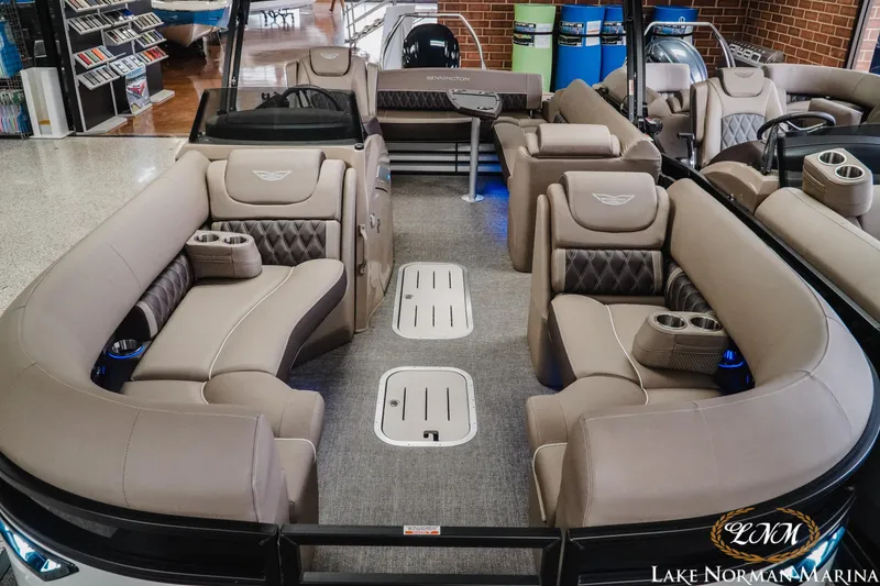 Slide: The Image of 2025 Bennington 24LXSSB pontoon boat interior with luxurious seating and modern design. - 15