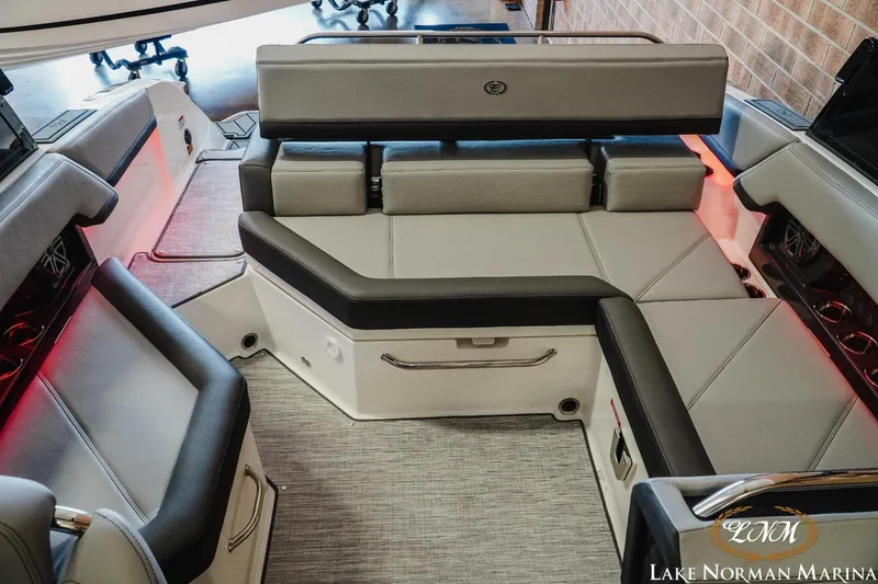 Slide: The Image of Luxurious interior of 2025 Cobalt R4 boat with plush seating at Lake Norman Marina. - 19