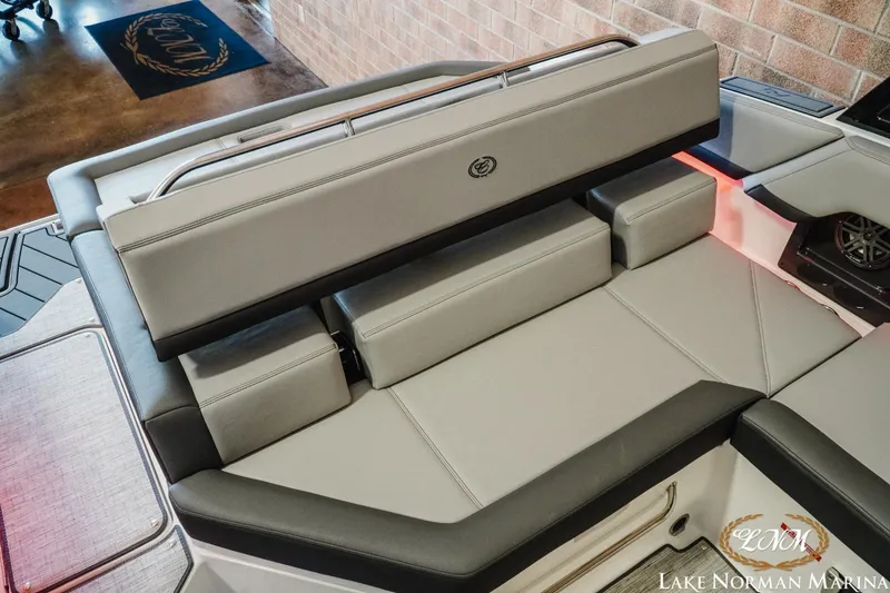 Slide: The Image of 2025 Cobalt R4 boat interior with luxurious gray seating at Lake Norman Marina. - 20