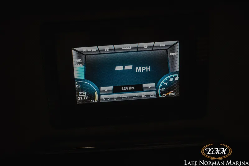 Slide: The Image of Dashboard display of 2022 Yamaha Boats AR 190, showing speed and fuel levels. - 17