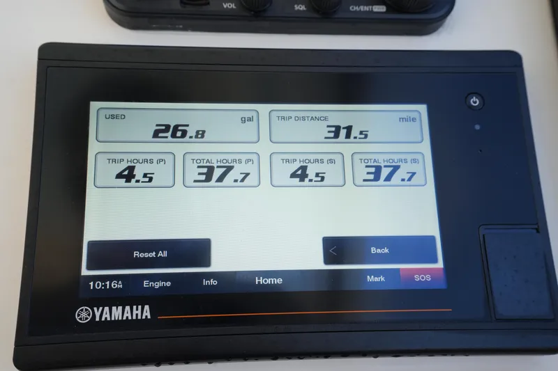 Slide: The Image of Yamaha display showing fuel usage and trip data for Grady-White Freedom 285, 2022 model. - 36