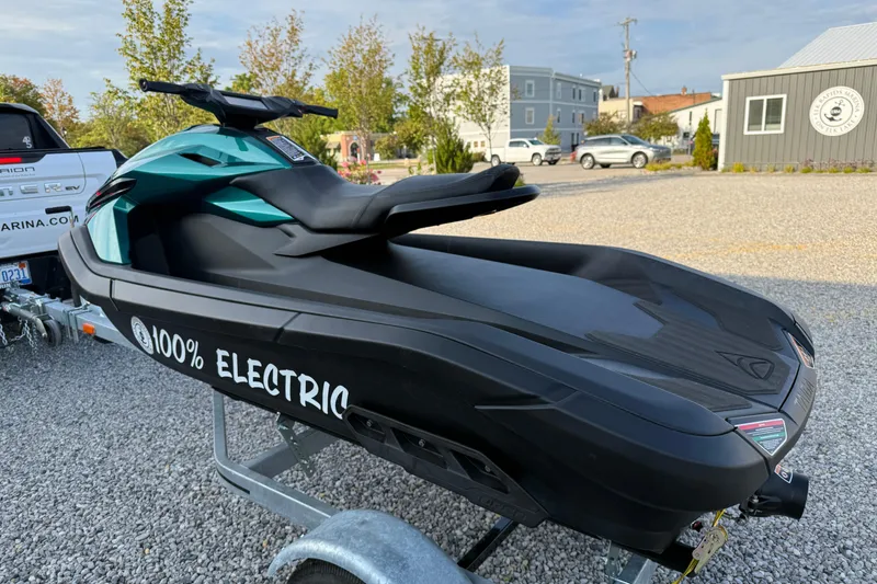 Slide: The Image of 2024 Taiga Orca electric jet ski on trailer, showcasing eco-friendly design. - 6