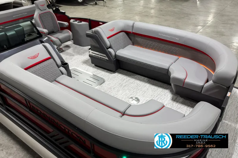 Slide: The Image of Luxurious seating on a 2025 Bennington 24 MSB pontoon boat, featuring modern design and comfort. - 10