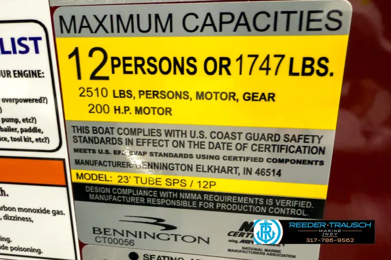 Slide: The Image of Bennington 24 MSB 2025 boat capacity label, 12 persons or 1747 lbs, 200 HP motor. - 48