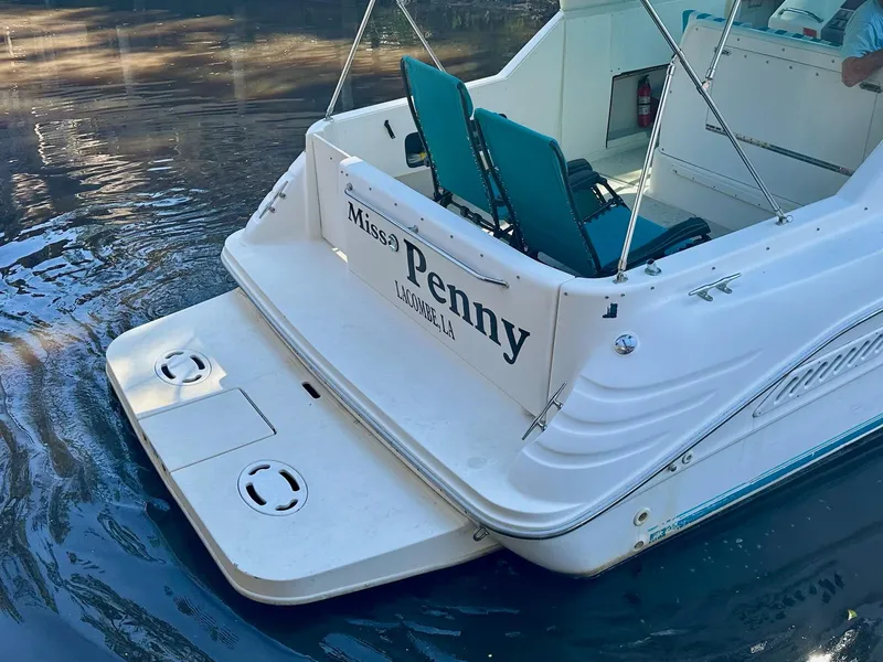Slide: The Image of 1995 Sea Ray Sundancer boat named "Miss Penny" on calm water. - 2