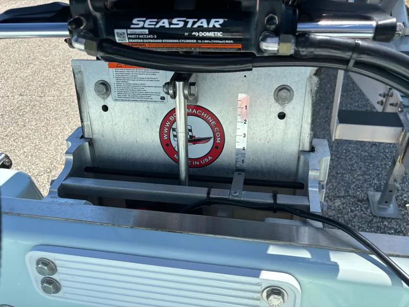 Slide: The Image of Boat steering mechanism with SeaStar hydraulic system, Clark Sound 24, 2024 model. - 15