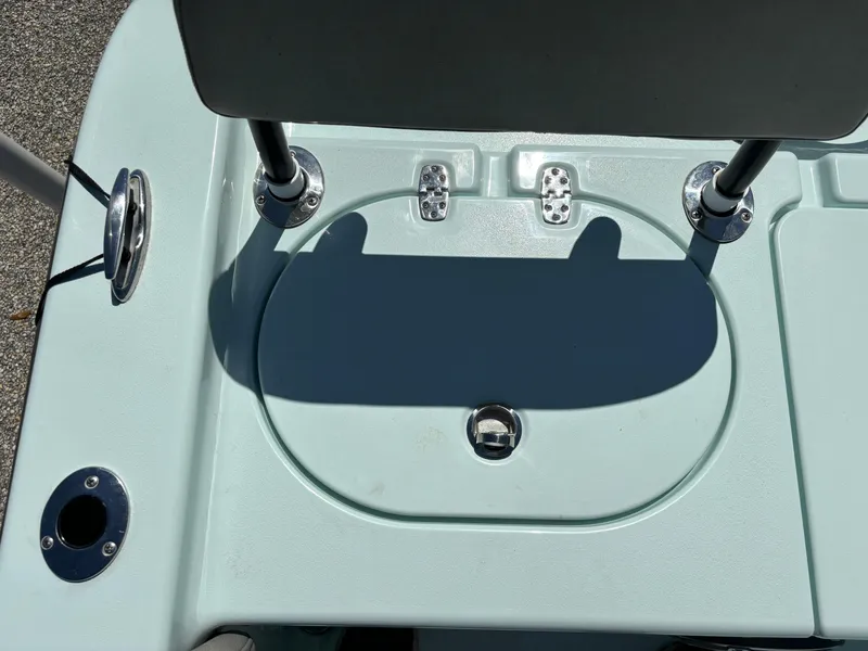 Slide: The Image of Clark Sound 24 boat seat base, 2024 model, with metal fittings and shadow detail. - 8