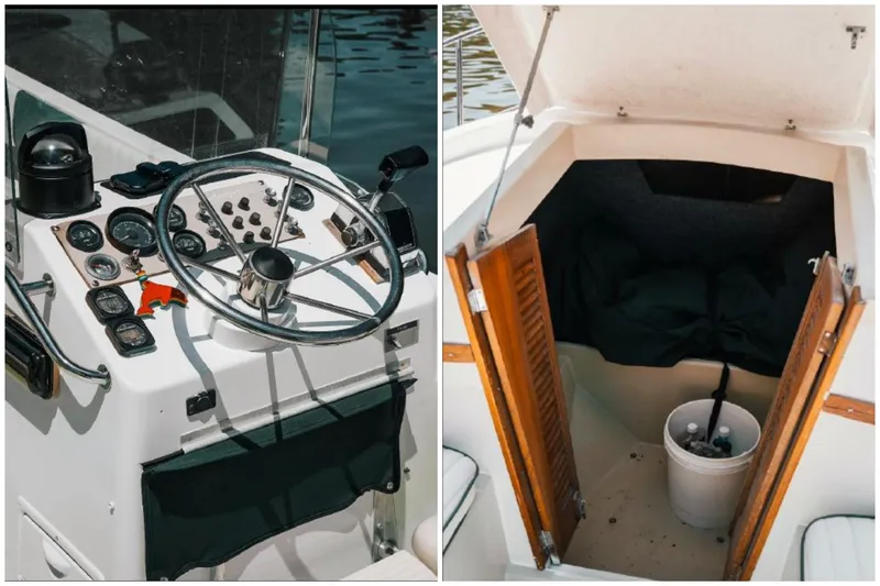 Slide: The Image of 1976 Aquasport 24 Launch boat interior with steering console and cabin view. - 22