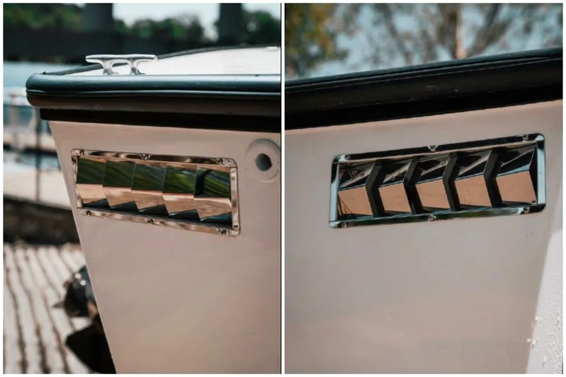 Slide: The Image of 1976 Aquasport 24 Launch boat details with chrome accents and sleek design. - 27