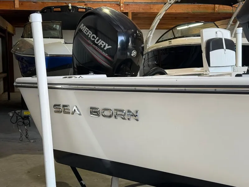 Slide: The Image of 2015 Sea Born FX22 boat with Mercury engine in storage. - 2
