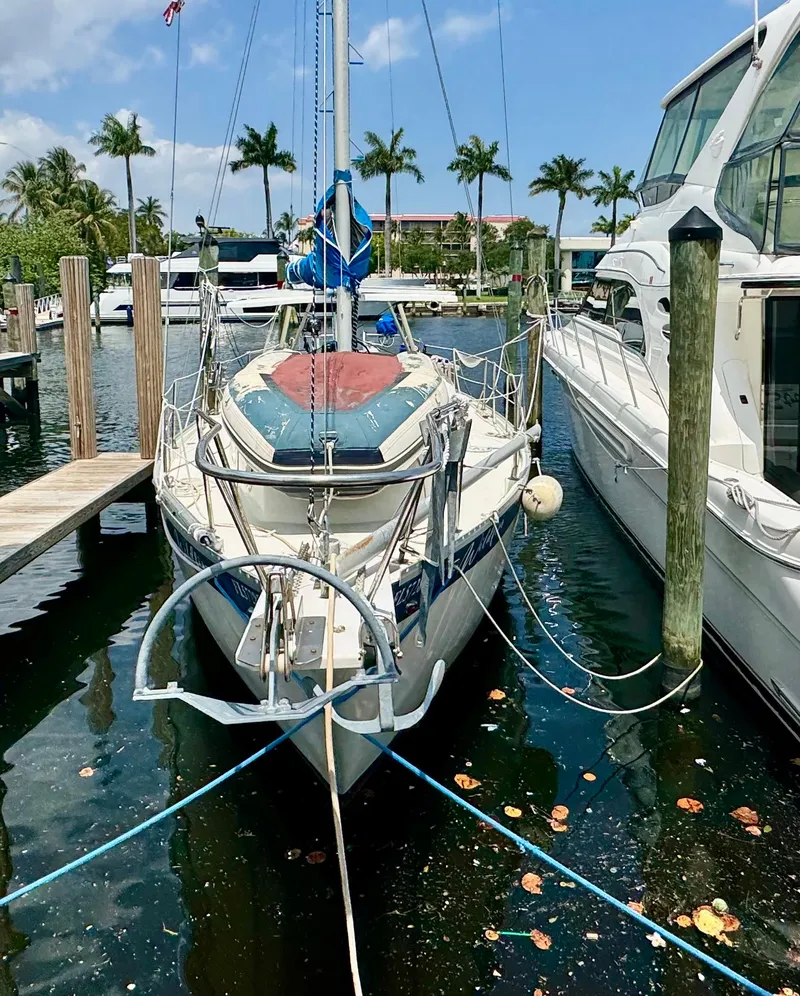 Slide: The Image of 1974 Irwin 37 sailboat docked in a marina, surrounded by palm trees and clear skies. - 38