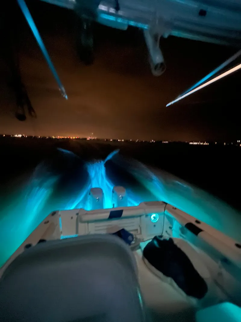 Slide: The Image of 2005 Pro-Line 32 Express boat cruising at night with glowing blue wake. - 13