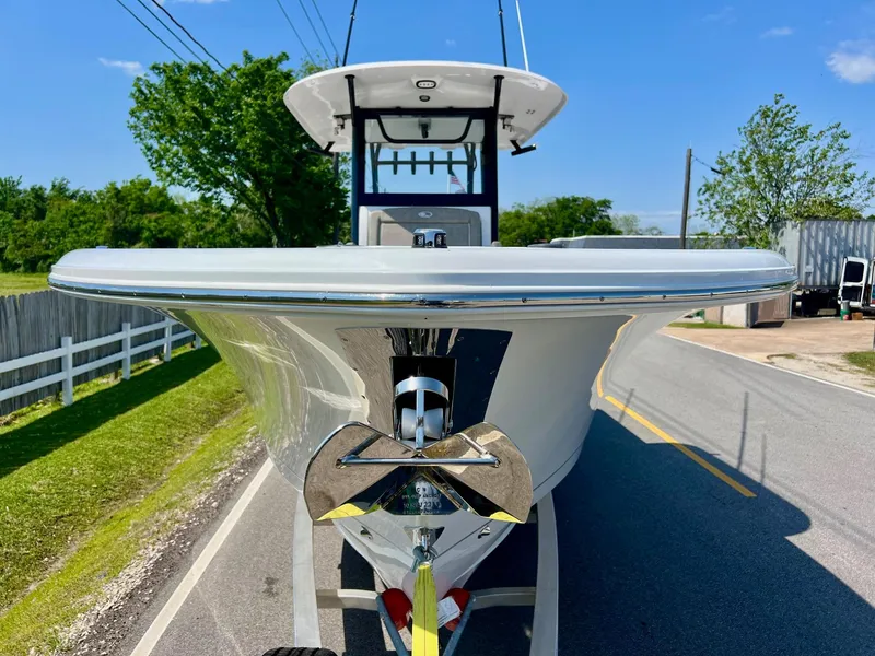 Slide: The Image of 2025 Sea Hunt Gamefish 30 with Coffin Box on trailer, front view, sunny day. - 6