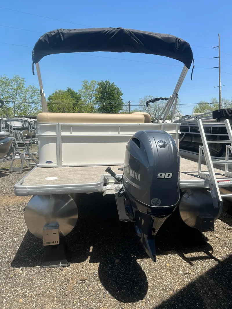 Slide: The Image of 2025 Godfrey Xperience 2086 CXP pontoon boat with Yamaha 90 engine, rear view. - 5