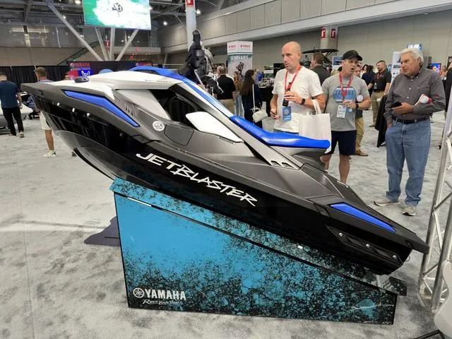 Slide: The Image of 2025 Yamaha WaveRunner Jetblaster 2-Up on display at an indoor exhibition. - 1