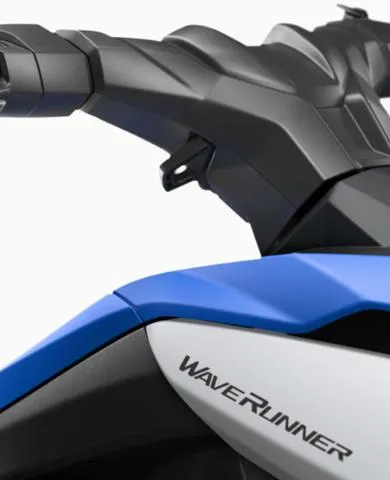 Slide: The Image of 2025 Yamaha WaveRunner Jetblaster 2-Up, blue and black design, close-up of handlebars and logo. - 14