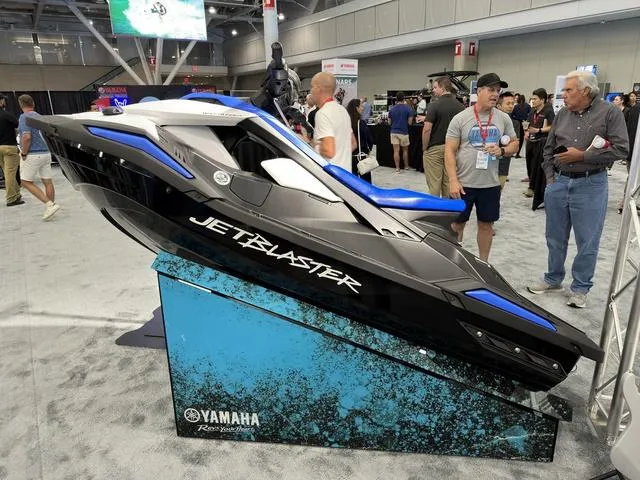 Slide: The Image of 2025 Yamaha WaveRunner Jetblaster 2-Up on display at an indoor exhibition. - 2