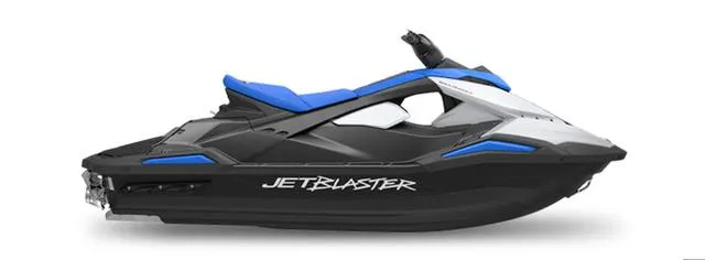 Slide: The Image of 2025 Yamaha WaveRunner Jetblaster 2-Up, sleek black and blue design, side view. - 9
